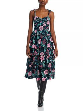 425$ Banjanan Ramona Floral Strappy Midi Dress Tiered Ruffled Hem Size S Black